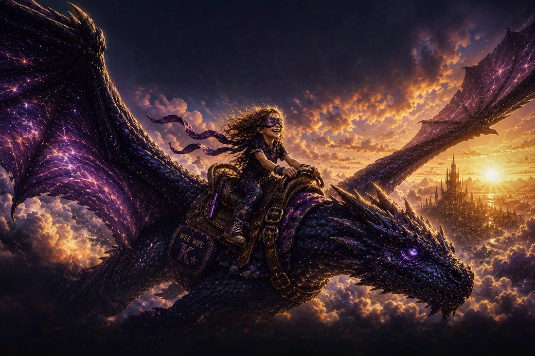 Riding a dragon over a city at dusk